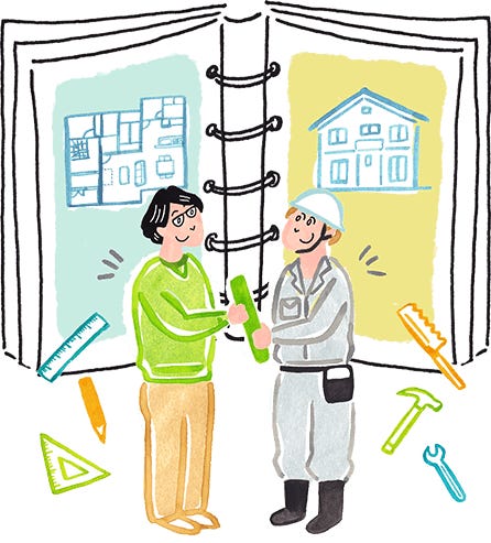 ココリの家暦書は、お打ち合わせの第１回目から記録しています。
構造やメンテナンスの記録だけではなく、お施主さまの暮らしに対する想いも一緒に残し、家づくりの職人全てに共有することで、常に同じ方向をみて理想の住まいを実現できる体制を整えています。