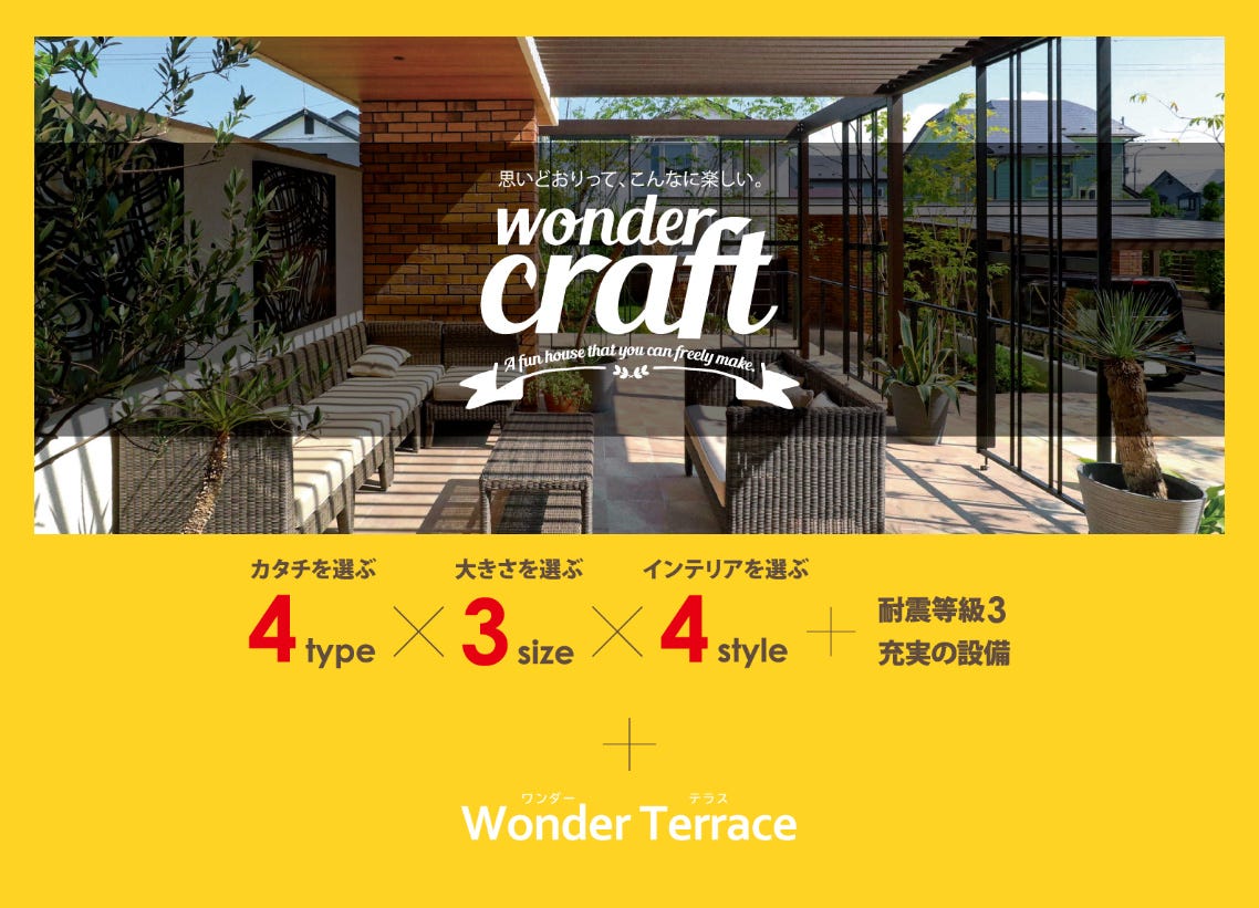 家づくりを、もっと楽しんで欲しい。
どこよりも心地よく過ごせる、お気に入りの場所を作って欲しい。
そんな想いをカタチにするために誕生した、「ワンダークラフト」。
建築のことなんてわからなくても、自分たちで思い通りに手づくりできる
とっておきの住まいをつくりました。