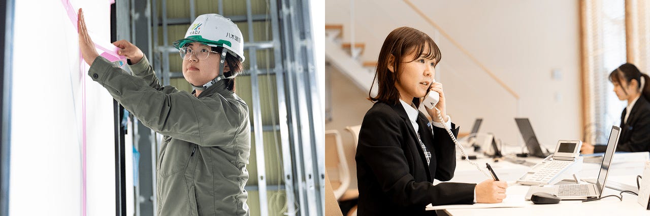 職員の女性比率は4割ほどで、建設会社としては高い割合です。
そのうち半数近くは技術者として、現場で活躍しています。

60歳定年ですが、嘱託制度を活用し、定年後も後進の育成や若手のサポートとして活躍している職員が多くいます。体力や体調に合わせて、週休2日制にすることも可能です。

その他、子育て中のママも時短勤務で活躍しています。
定期的にヒアリングも行って、より良い働き方ができる体制としています。