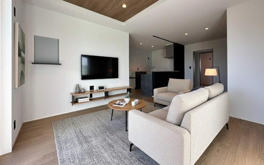 木目の天井とやわらかな色合いでまとめたLDK。
視線が自然に広がり、家族がゆったりとくつろげる空間です。